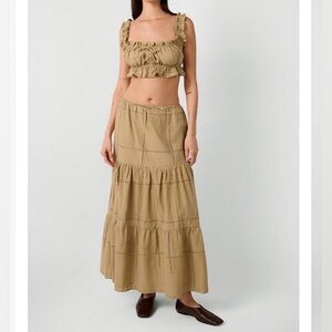 WeWoreWhat Set Midi Pull On Eyelet Skirt and Ruffle Button Crop Top Oat Multi